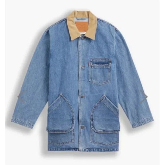 Levi's NEW Men's Premium Chore Jacket Jean Barn Coat Medium Blue Couduroy trim - Picture 2 of 4